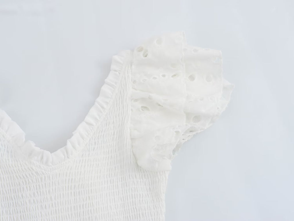 Spring Women Clothing Casual Simple Flying Sleeves Hollow Out Cutout Lace Dress Wennie