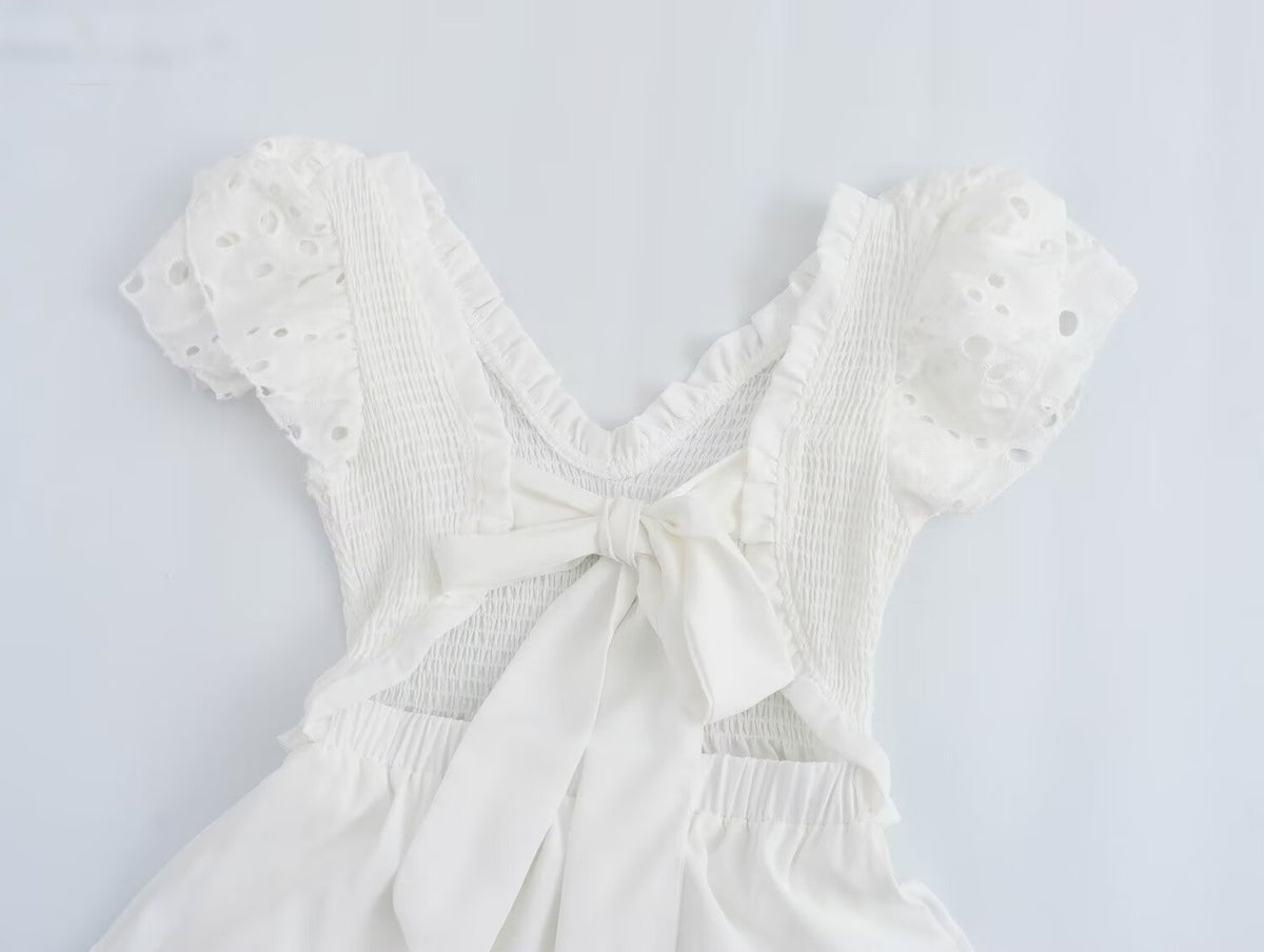 Spring Women Clothing Casual Simple Flying Sleeves Hollow Out Cutout Lace Dress Wennie