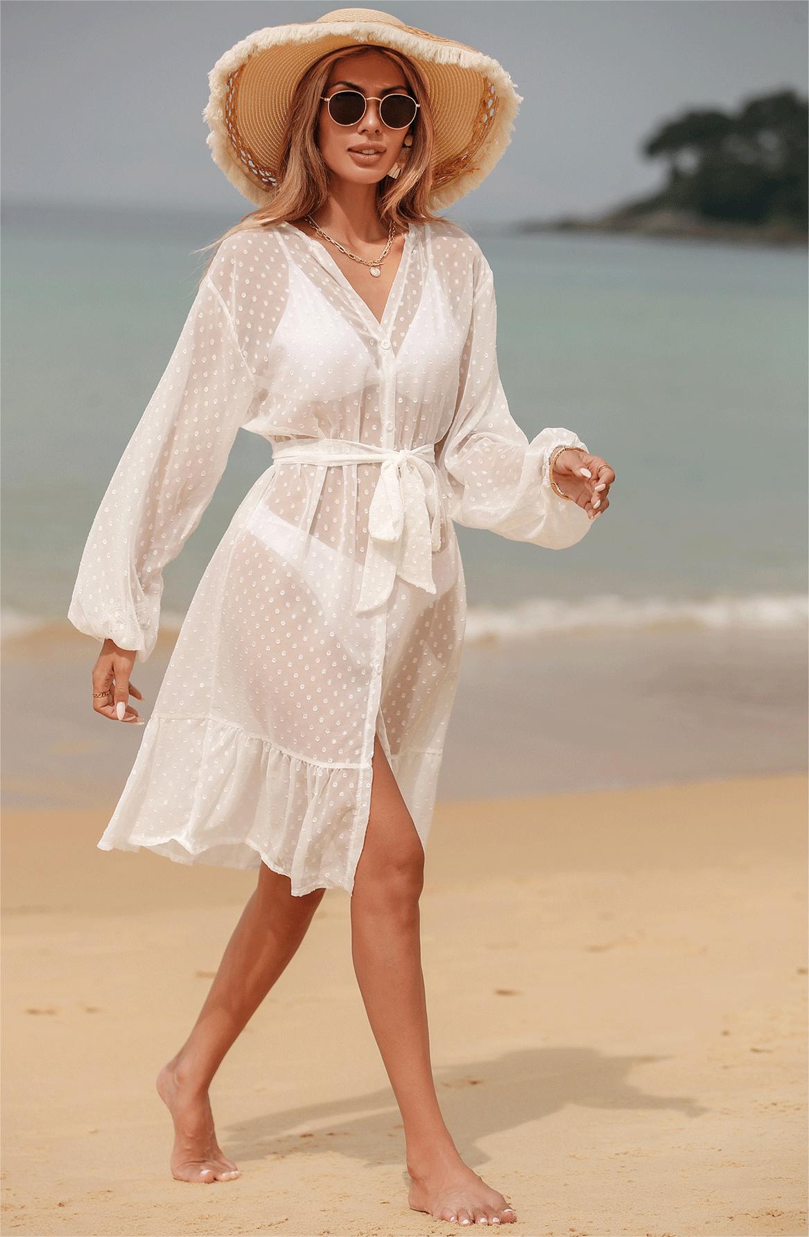 Summer Beach Dress Blouse Polka Dot Long Sleeve Bikini Sunscreen Chiffon Jacquard Cardigan Dress