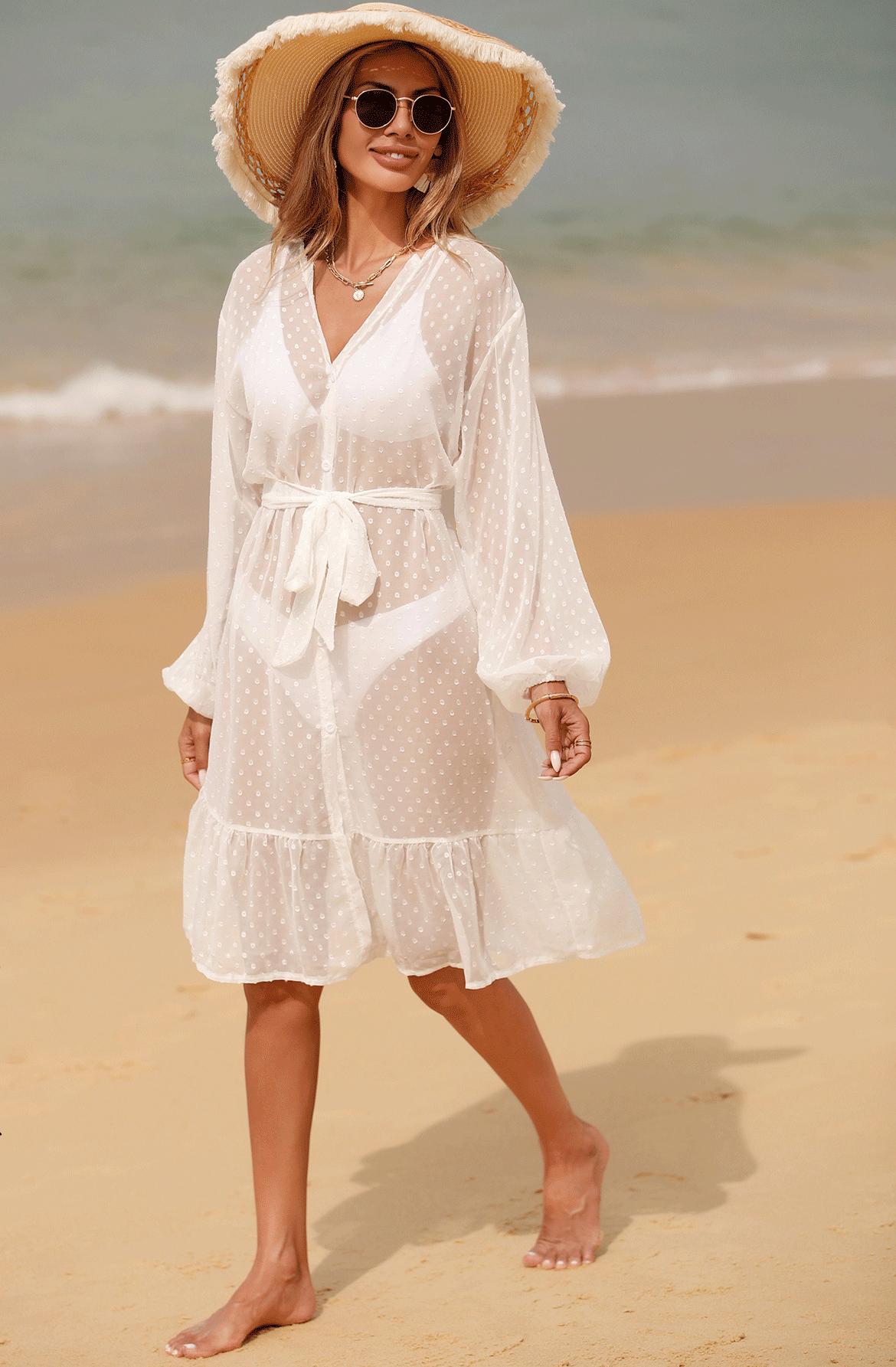 Summer Beach Dress Blouse Polka Dot Long Sleeve Bikini Sunscreen Chiffon Jacquard Cardigan Dress
