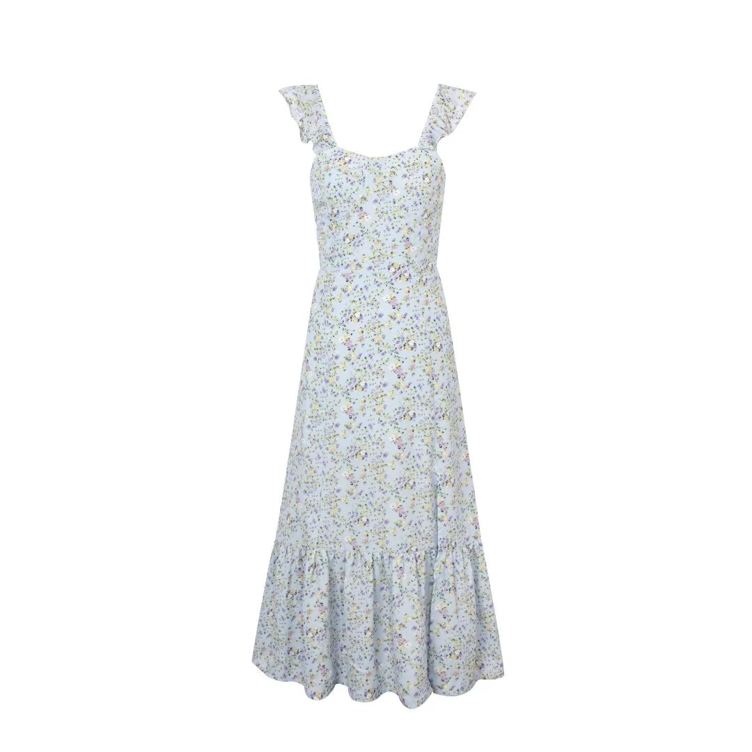 Fresh Sweet Floral Slim Fit Seaside Holiday Midi Dress Square Collar Wooden Ear Sleeveless Vest Dress Women PullWind
