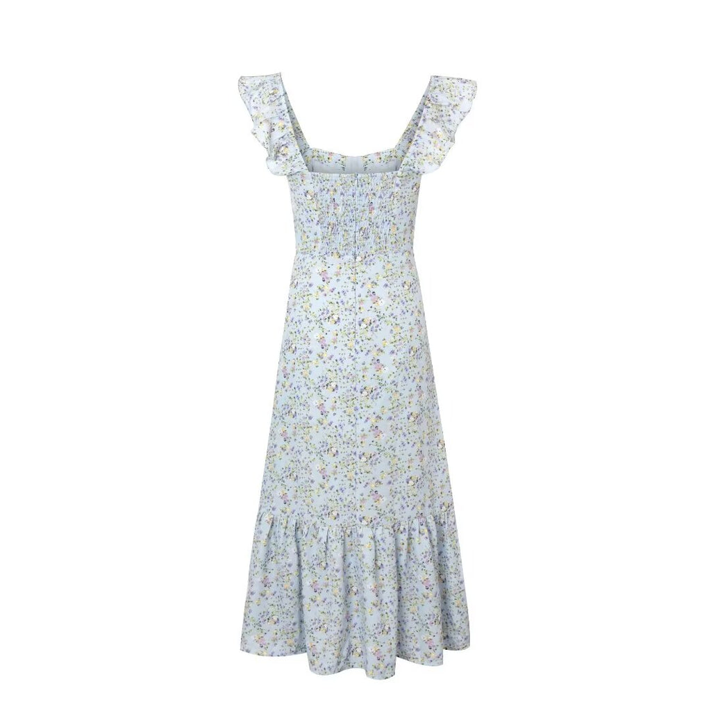 Fresh Sweet Floral Slim Fit Seaside Holiday Midi Dress Square Collar Wooden Ear Sleeveless Vest Dress Women PullWind