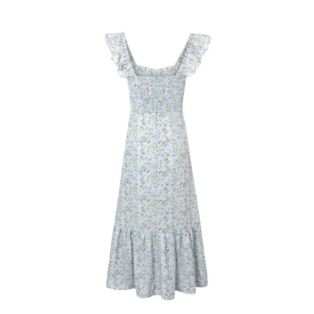 Fresh Sweet Floral Slim Fit Seaside Holiday Midi Dress Square Collar Wooden Ear Sleeveless Vest Dress Women PullWind
