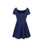 Spring Sexy Square Neck Puff Sleeve Boning Corset Side Stripe Slim Fit Short Dress PullWind