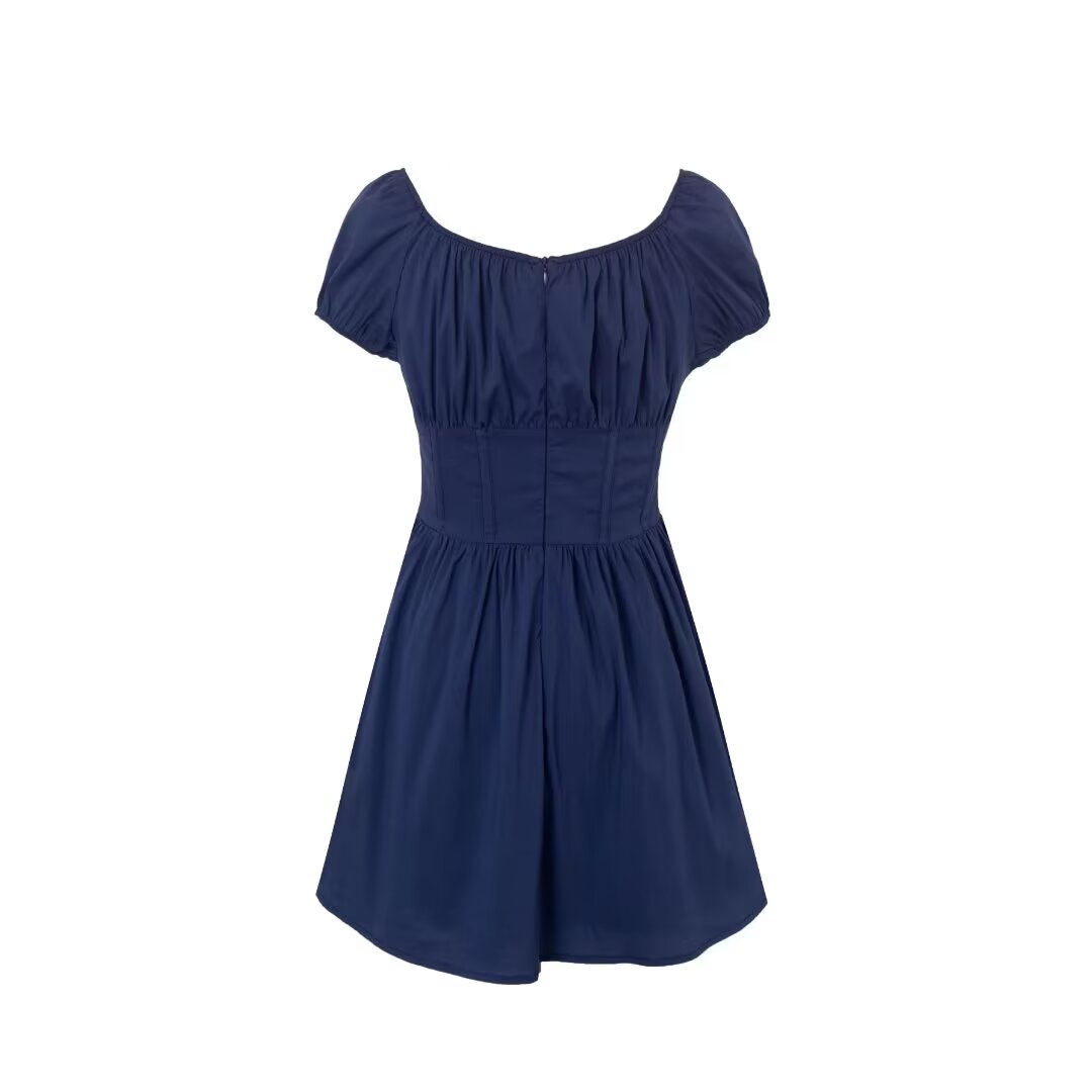 Spring Sexy Square Neck Puff Sleeve Boning Corset Side Stripe Slim Fit Short Dress PullWind