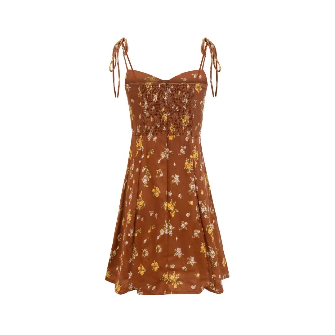 Summer Spaghetti Strap V neck A line Floral Print Elegant Strap Dress PullWind
