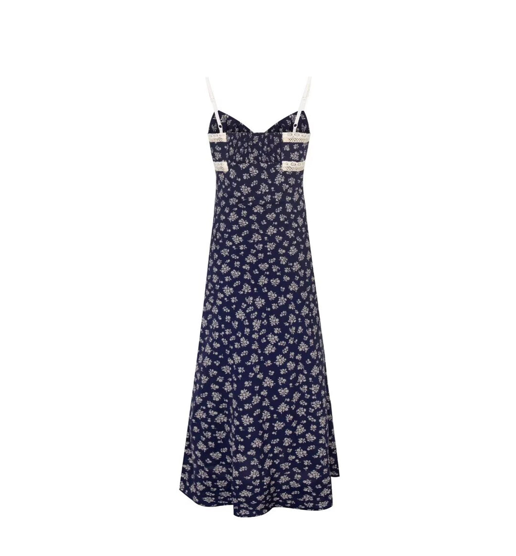 Sweet V neck Chest Lace up Color Matching Floral Strap Dress Women Summer Seaside Vacation Beach Dress PullWind