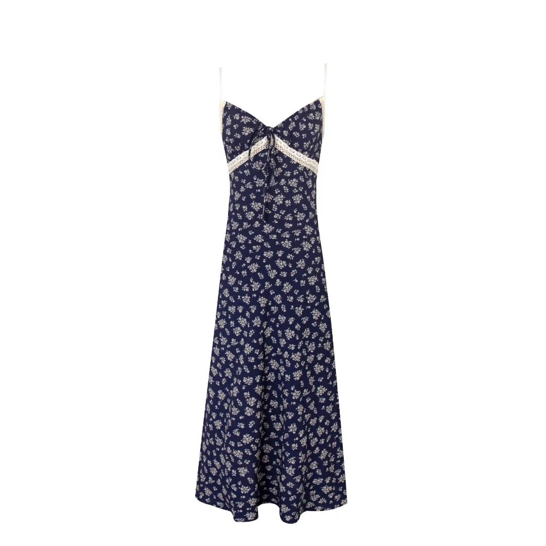 Sweet V neck Chest Lace up Color Matching Floral Strap Dress Women Summer Seaside Vacation Beach Dress PullWind