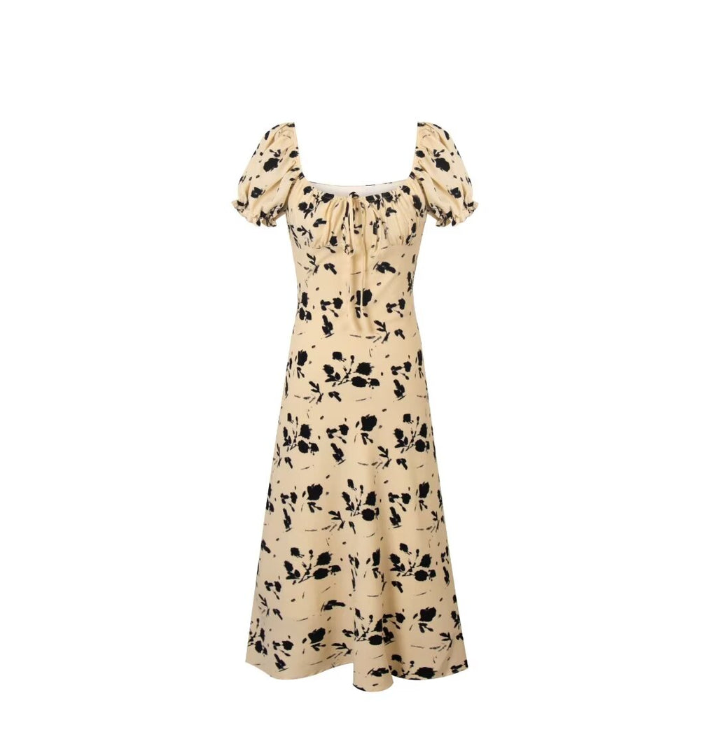 French Vintage Floral Square Collar Puff Sleeve Dress Women Summer Waist Controlled Slimming Dress PullWind