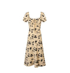 French Vintage Floral Square Collar Puff Sleeve Dress Women Summer Waist Controlled Slimming Dress PullWind