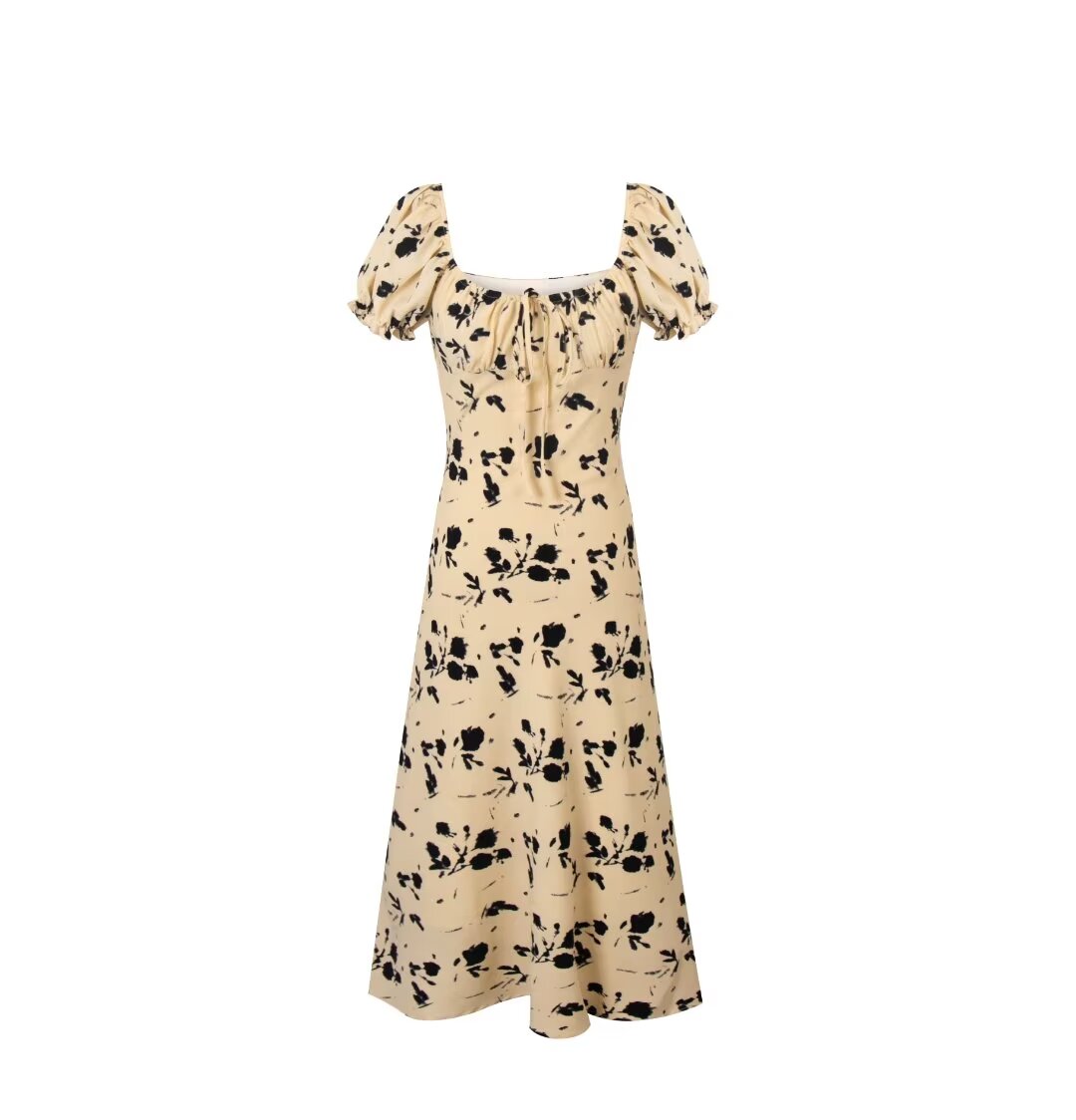 French Vintage Floral Square Collar Puff Sleeve Dress Women Summer Waist Controlled Slimming Dress PullWind