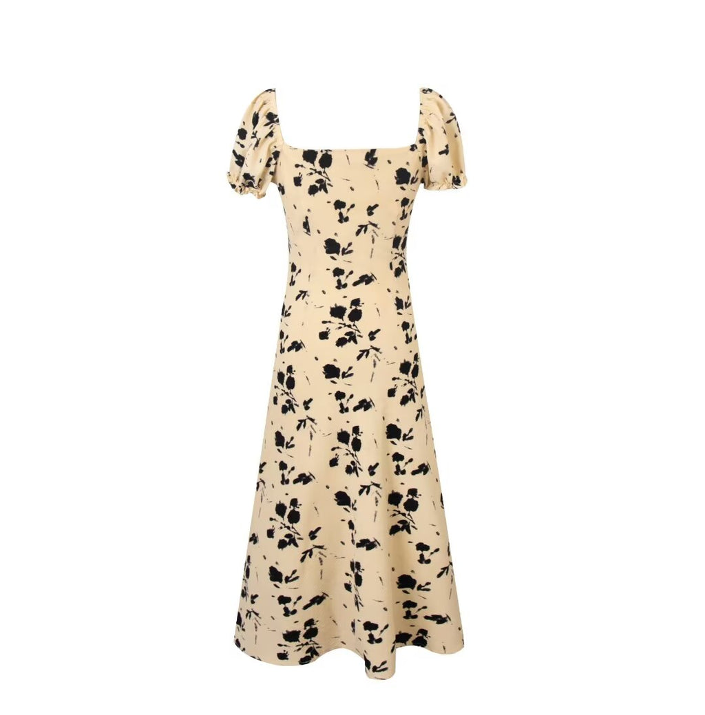 French Vintage Floral Square Collar Puff Sleeve Dress Women Summer Waist Controlled Slimming Dress PullWind