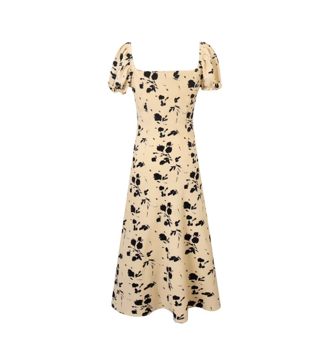French Vintage Floral Square Collar Puff Sleeve Dress Women Summer Waist Controlled Slimming Dress PullWind