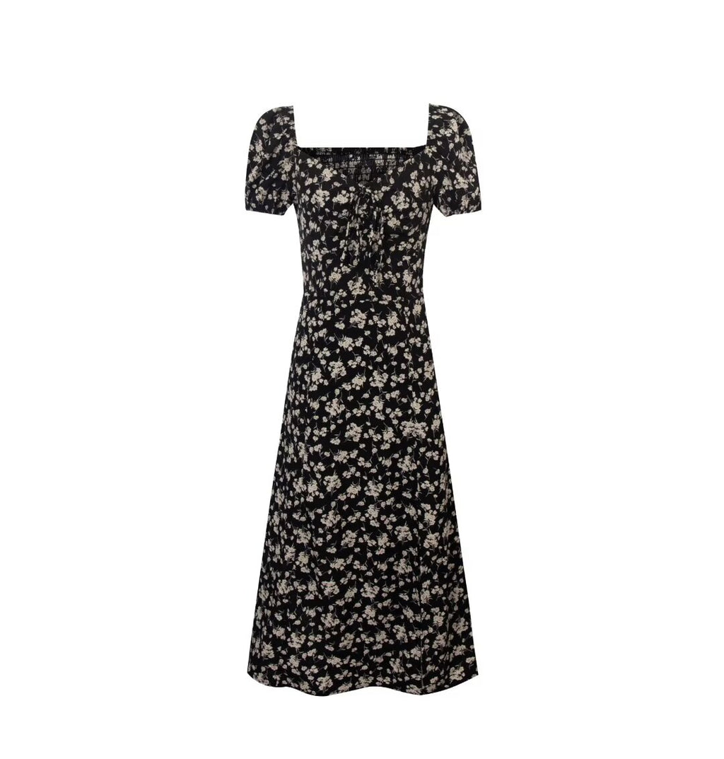 Spring French Vacation Sexy Square Neck off Shoulder Puff Sleeve Split Maxi Dress PullWind