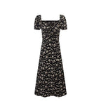 Spring French Vacation Sexy Square Neck off Shoulder Puff Sleeve Split Maxi Dress PullWind