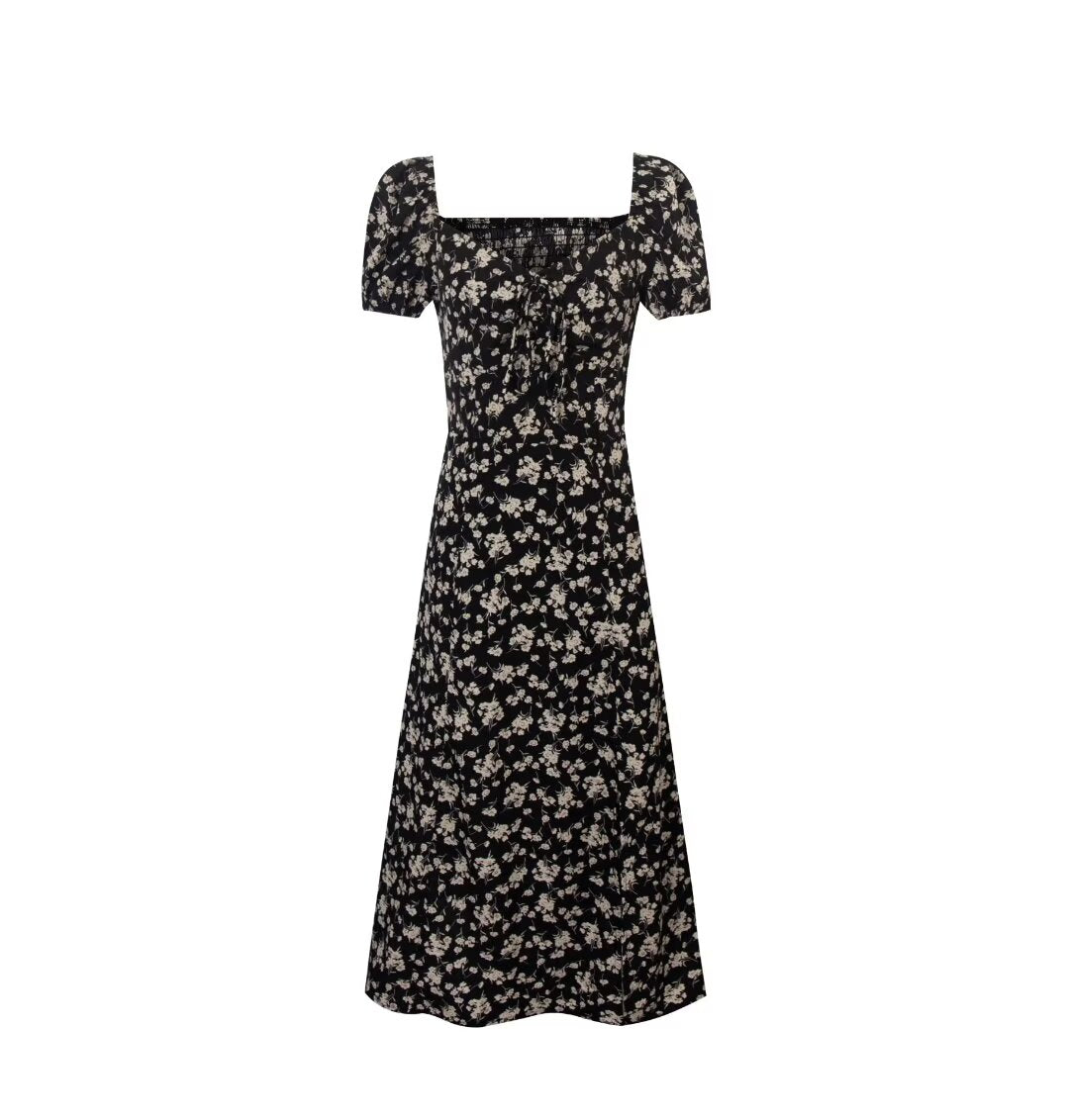 Spring French Vacation Sexy Square Neck off Shoulder Puff Sleeve Split Maxi Dress PullWind