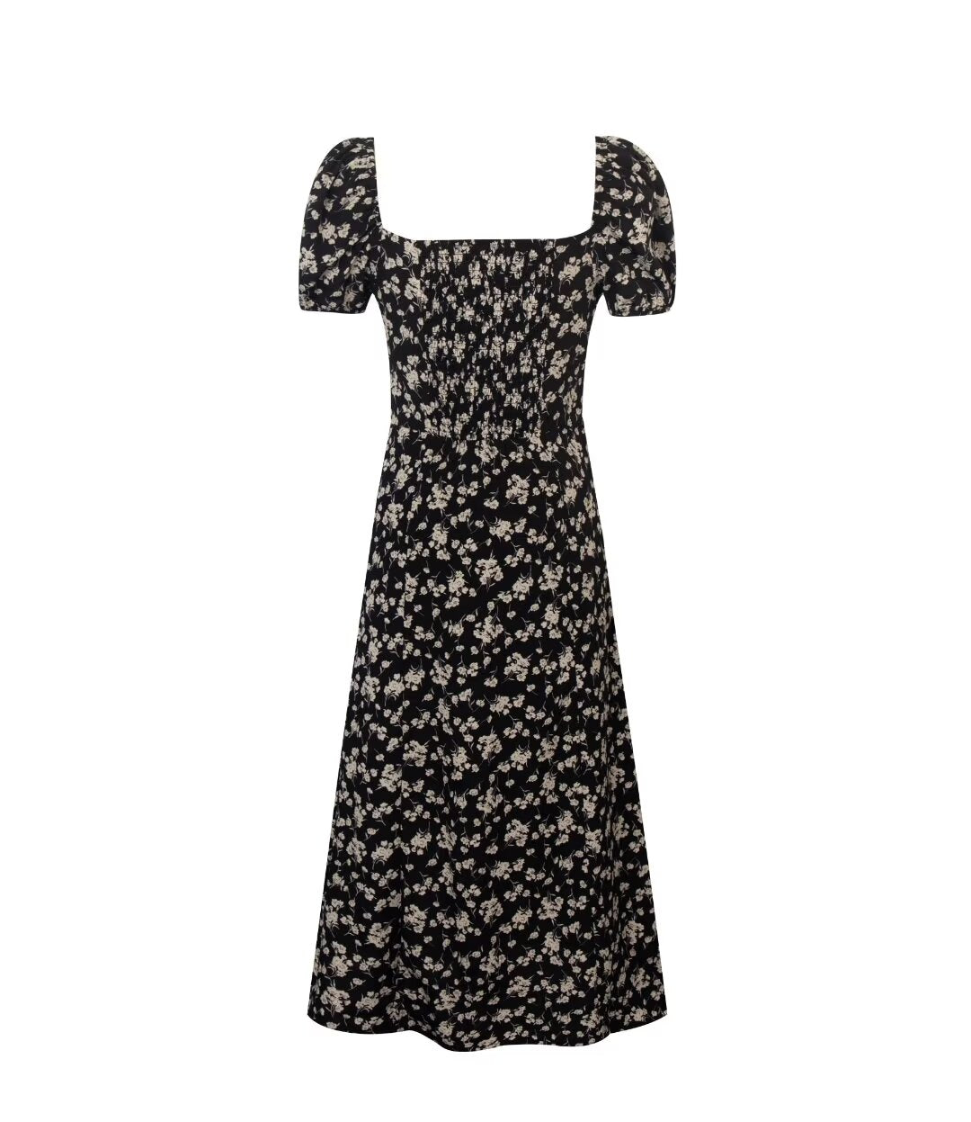 Spring French Vacation Sexy Square Neck off Shoulder Puff Sleeve Split Maxi Dress PullWind
