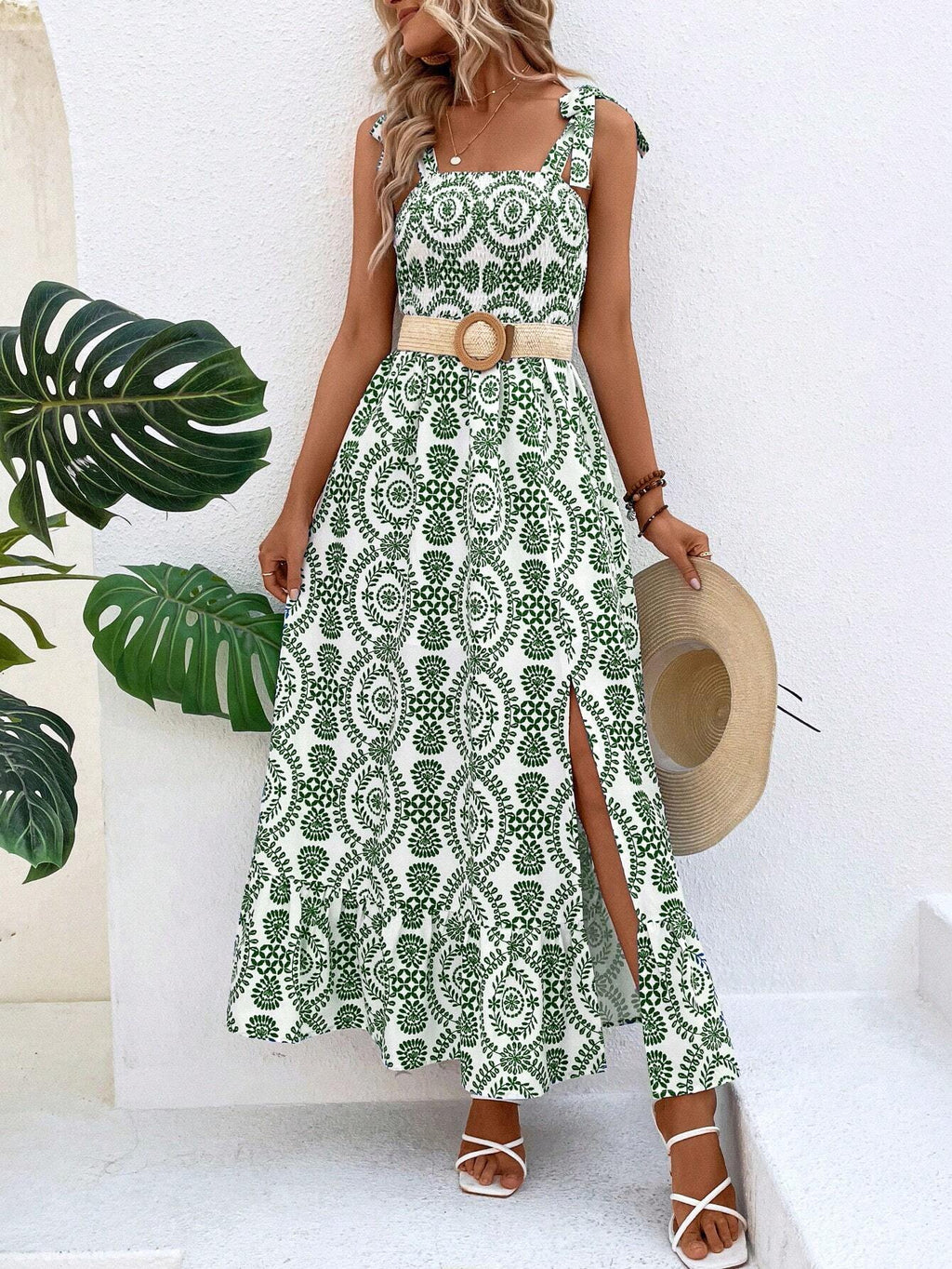 Women Clothing Summer Suspenders Printed Sleeveless Split Maxi Dress AXE