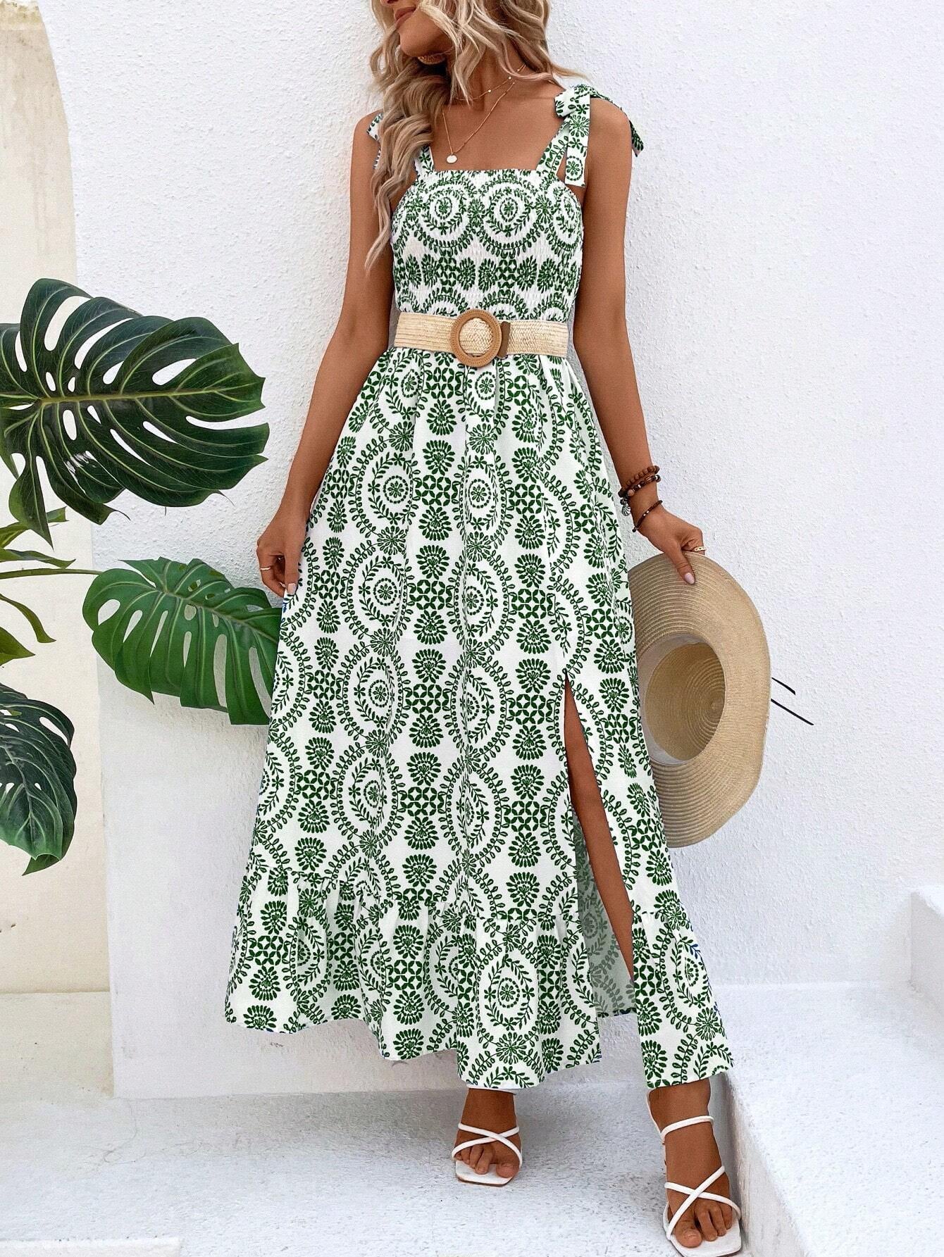 Women Clothing Summer Suspenders Printed Sleeveless Split Maxi Dress AXE
