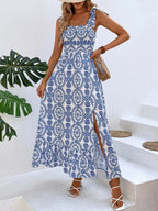 Women Clothing Summer Suspenders Printed Sleeveless Split Maxi Dress AXE