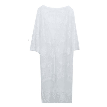 Special Loose Embroidered Lace Mesh See through Mid Length Seaside Sun Protection Clothing Cardigan
