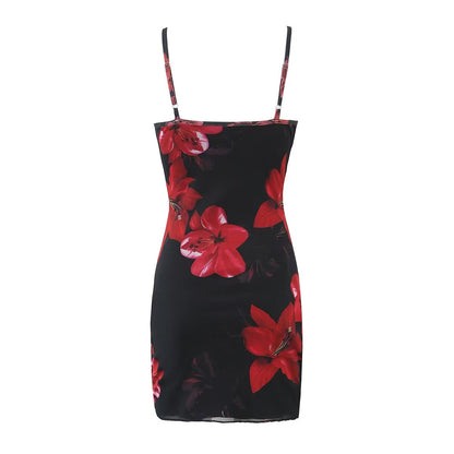 Summer Floral Printed Mesh Lace Strap Slim High Waist Sexy Dress Short for Women