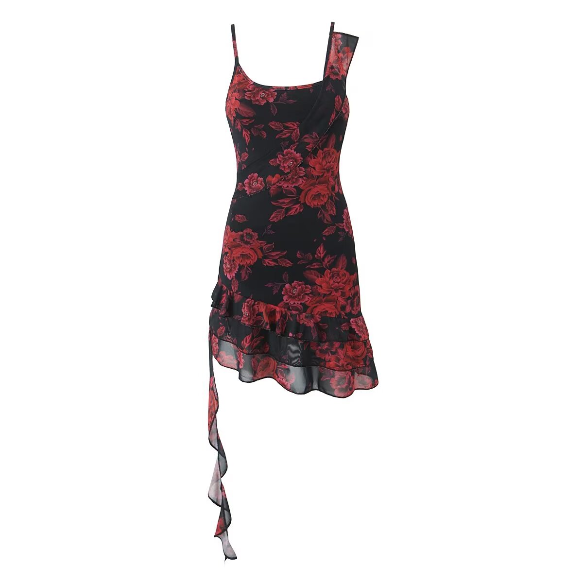 Retro Printed Irregular Asymmetric Spaghetti Strap Dress Women Summer Sexy Hip Dress