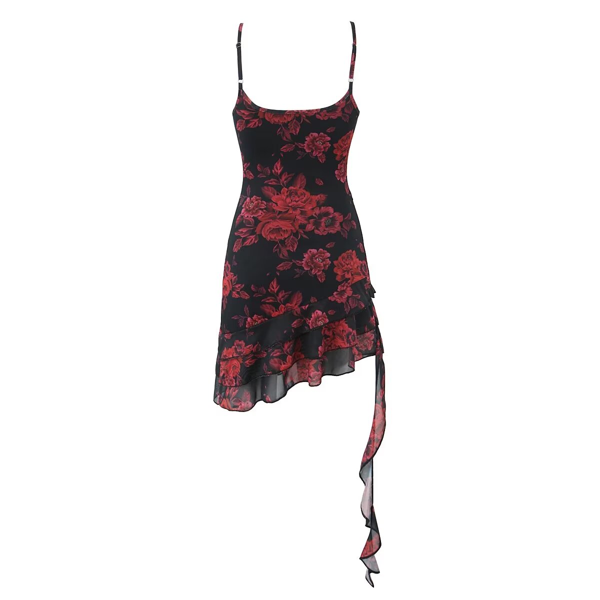 Retro Printed Irregular Asymmetric Spaghetti Strap Dress Women Summer Sexy Hip Dress