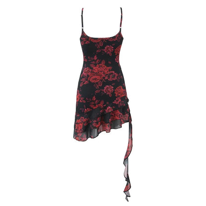 Retro Printed Irregular Asymmetric Spaghetti Strap Dress Women Summer Sexy Hip Dress