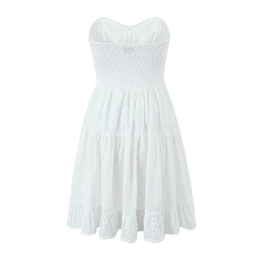 Spring French Pure White Butterfly Lace up Single Breasted Decorative Wrapped Chest Waist Lace Dress GoodMe