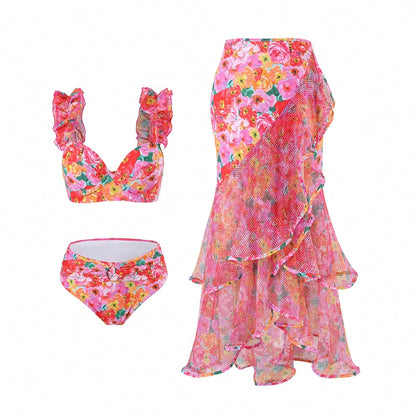 Conjunto de traje de baño Bikinx con estampado de empalme, bajo con volantes y copas con aros, incluyendo falda de cola de sirena.