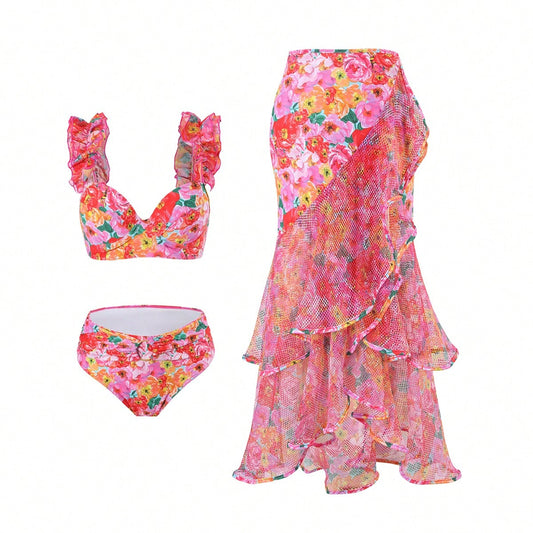 Conjunto de traje de baño Bikinx con estampado de empalme, bajo con volantes y copas con aros, incluyendo falda de cola de sirena.
