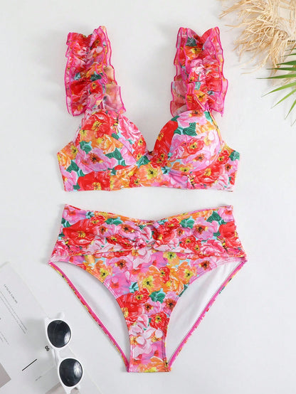 Conjunto de traje de baño Bikinx con estampado de empalme, bajo con volantes y copas con aros, incluyendo falda de cola de sirena.