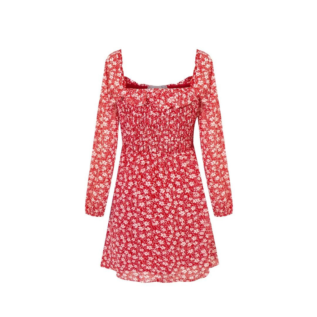 French Floral Square Collar Slim Fit Long Sleeve Dress Summer Fashionable Elegant PullWind