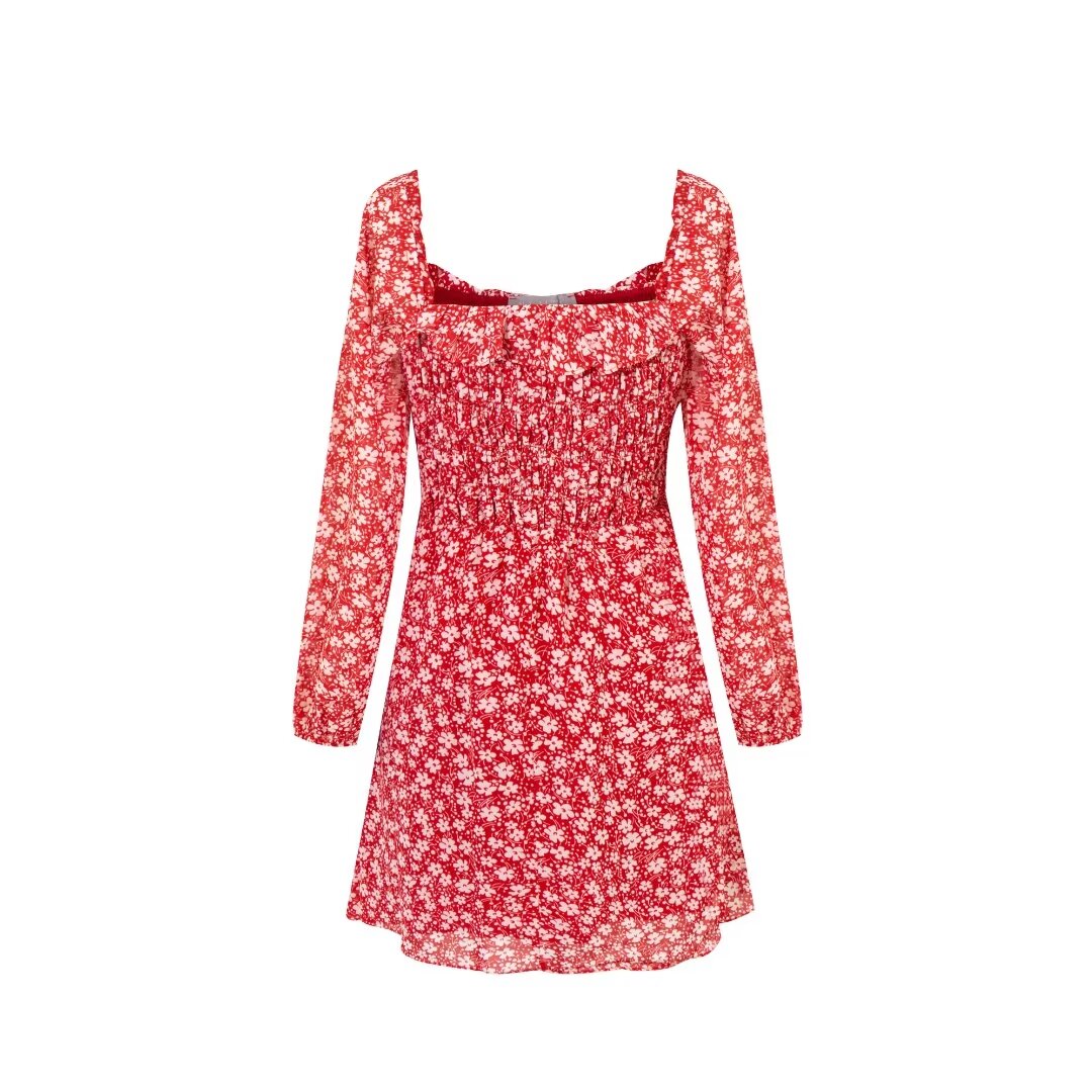 French Floral Square Collar Slim Fit Long Sleeve Dress Summer Fashionable Elegant PullWind