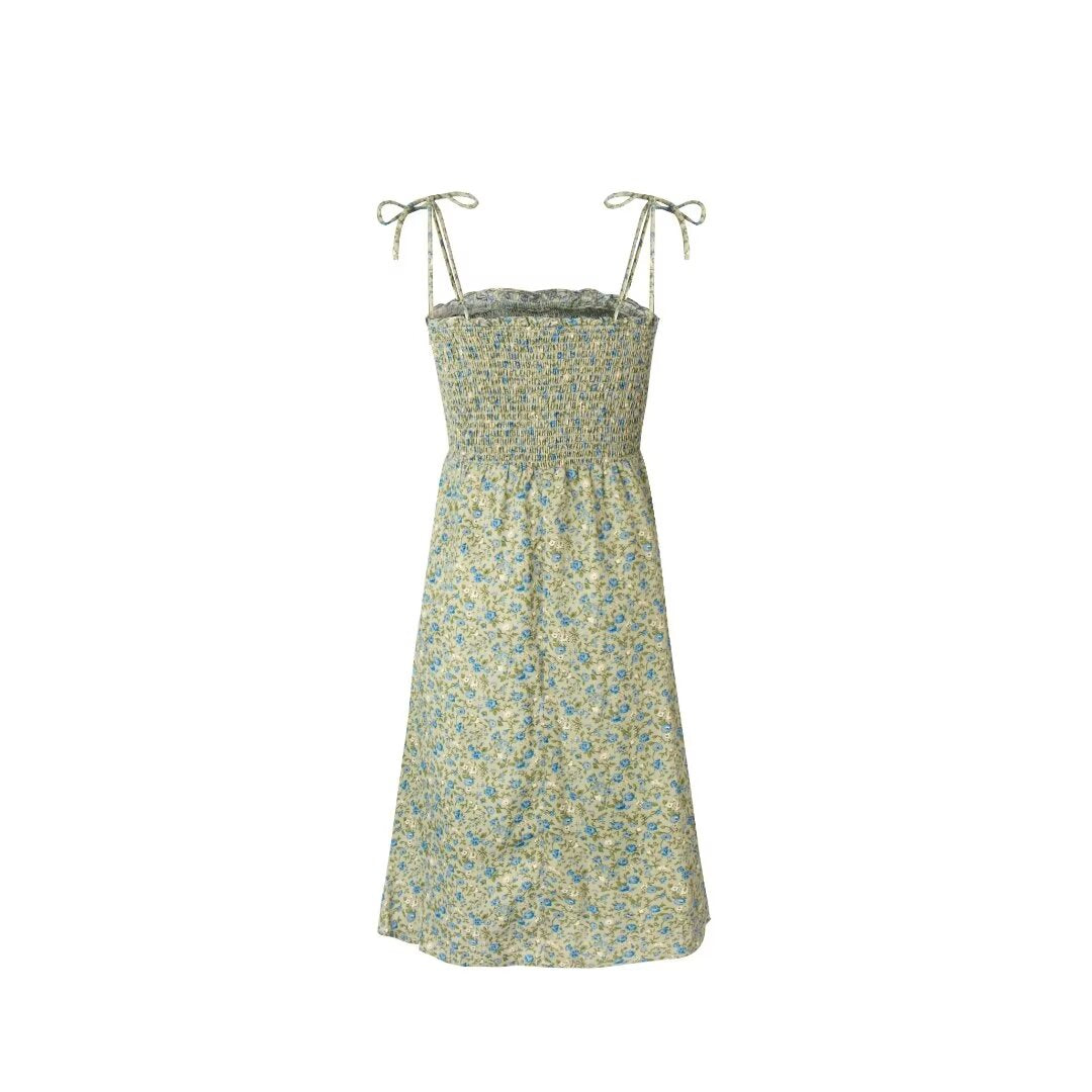 French Floral Printing Slip Dress Women Spring Retro Waist Controlled Slimming Dress PullWind
