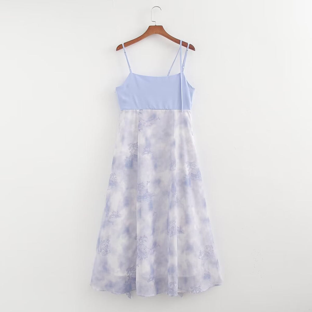 Summer Low Collar Sleeveless Stitching Printing Slip Dress Women FRIDAY