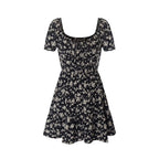 French Tea Break Square Collar Lace up Puff Sleeve Floral Dress Summer Tight Waist Slim Vacation Dress PullWind