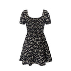 French Tea Break Square Collar Lace up Puff Sleeve Floral Dress Summer Tight Waist Slim Vacation Dress PullWind