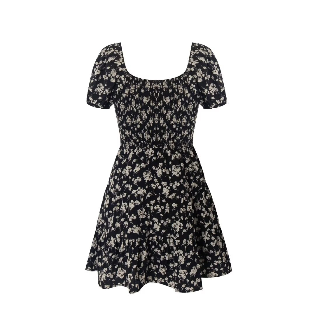 French Tea Break Square Collar Lace up Puff Sleeve Floral Dress Summer Tight Waist Slim Vacation Dress PullWind