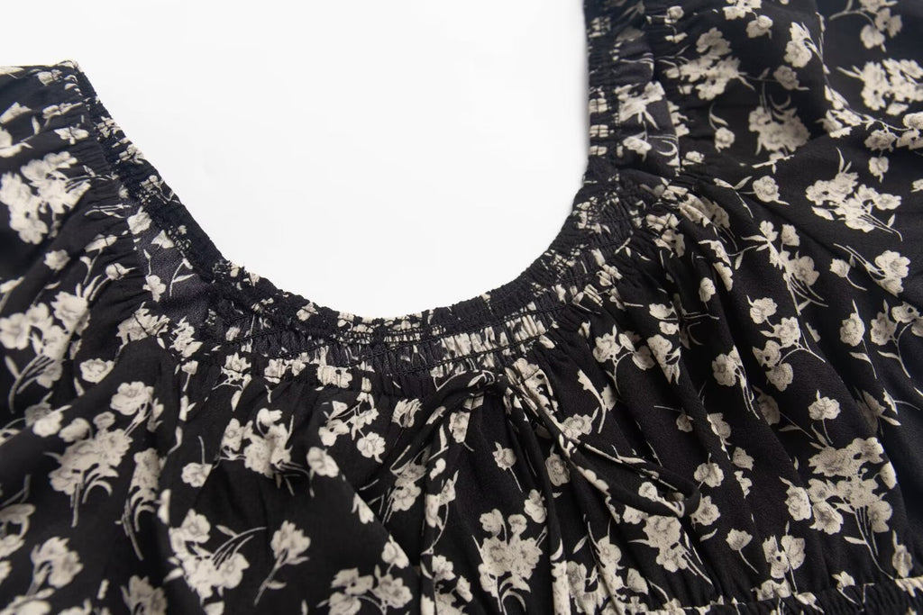 French Tea Break Square Collar Lace up Puff Sleeve Floral Dress Summer Tight Waist Slim Vacation Dress PullWind