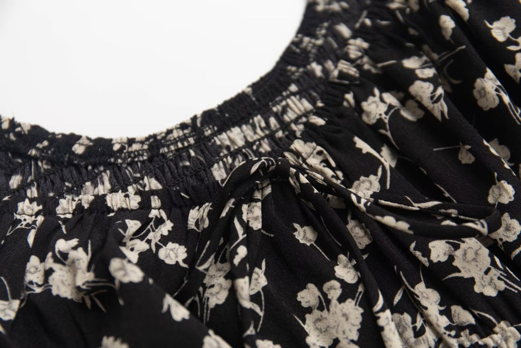 French Tea Break Square Collar Lace up Puff Sleeve Floral Dress Summer Tight Waist Slim Vacation Dress PullWind