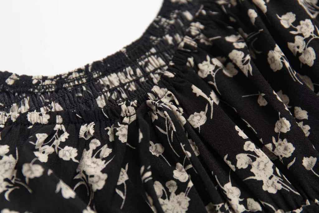 French Tea Break Square Collar Lace up Puff Sleeve Floral Dress Summer Tight Waist Slim Vacation Dress PullWind
