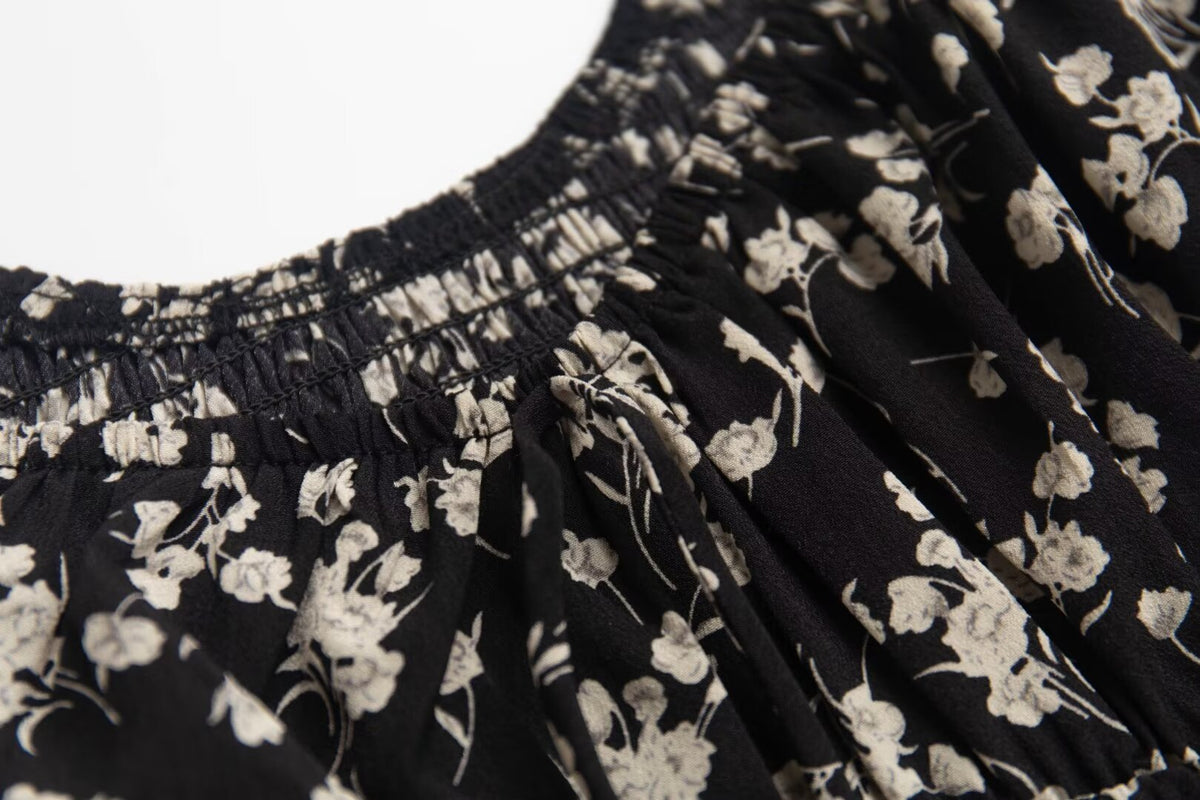 French Tea Break Square Collar Lace up Puff Sleeve Floral Dress Summer Tight Waist Slim Vacation Dress PullWind