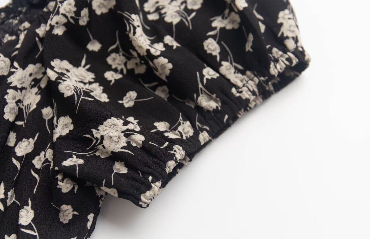 French Tea Break Square Collar Lace up Puff Sleeve Floral Dress Summer Tight Waist Slim Vacation Dress PullWind