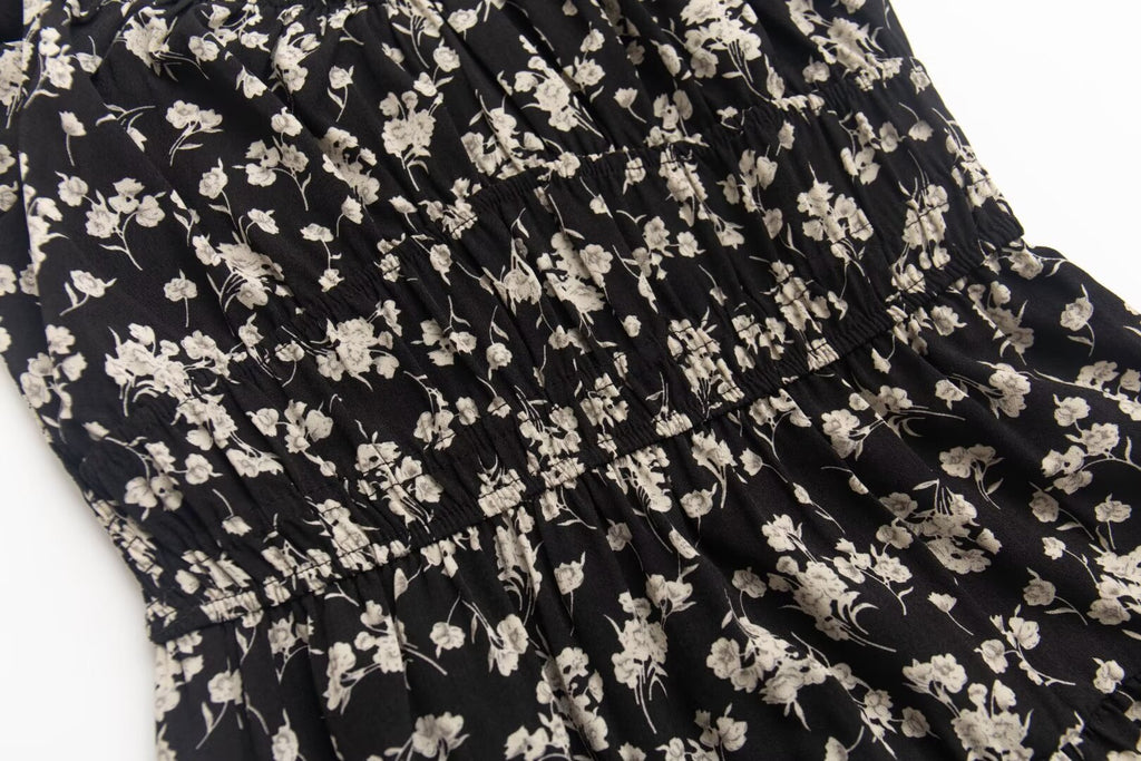 French Tea Break Square Collar Lace up Puff Sleeve Floral Dress Summer Tight Waist Slim Vacation Dress PullWind