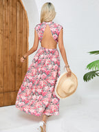 Women Summer Vacation Floral Elegant Backless A Line Maxi Dress ANA