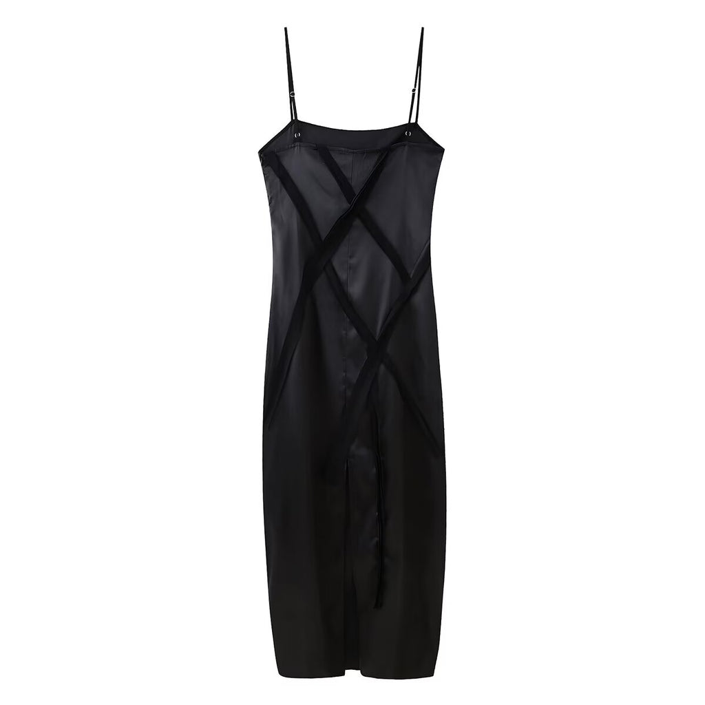 Women Clothing Floral Decorative Silk Satin Texture Midi Dress CHEN