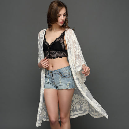 Special Loose Embroidered Lace Mesh See through Mid Length Seaside Sun Protection Clothing Cardigan