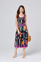 Summer Positioning Vintage Printed Three Dimensional Strapless Strap Dress Back Rubber Strap High Waist Dress ESUNG